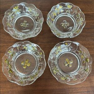Vintage 20th Century GLASS BOWL SET Bronze Gold Clover Floral Dishes 4 ≈5.5" ea